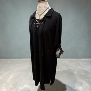 Cal Style Sz. L Black Long Roll-Tab Sleeve Lace Up V-Neck Knit Dress - Lovely!